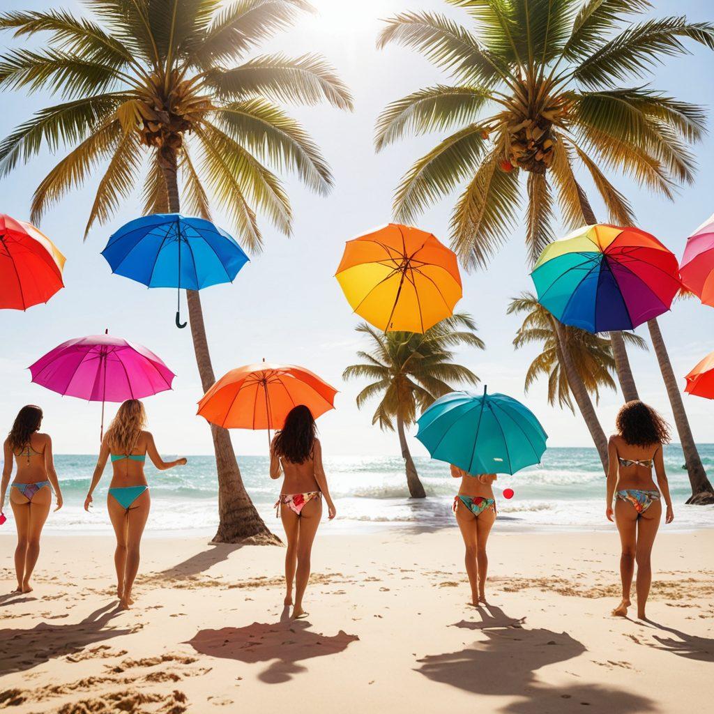 A sunny beach scene with vibrant umbrellas and sandy shores, featuring a diverse group of stylish women modeling trendy bikinis. Add playful beach elements like colorful beach balls, waves crashing gently, and palm trees swaying in the breeze. Emphasize the carefree summer vibe and the excitement of beach adventures. super-realistic. vibrant colors. sunny background.