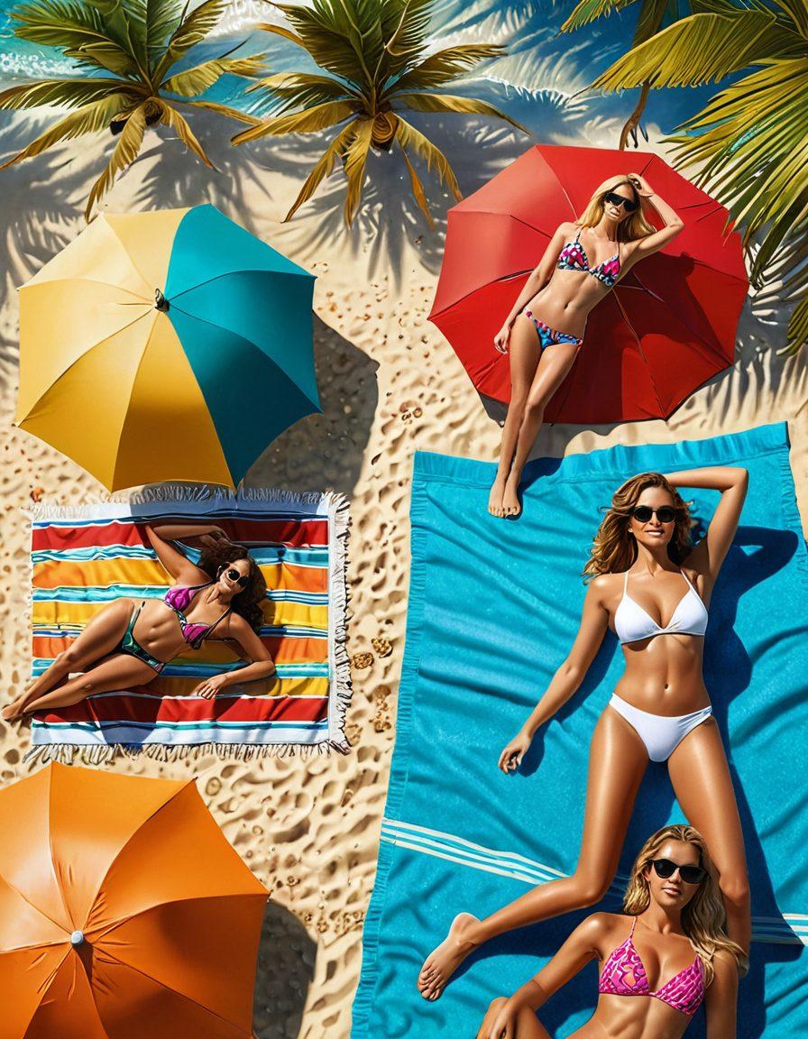 A sunny beach scene featuring diverse women of various body types confidently wearing flattering swimsuits, sitting on colorful beach towels, with palm trees and the ocean in the background. Include stylish sunglasses, beach accessories, and a vibrant beach umbrella to enhance the summer vibe. Super-realistic. Vibrant colors. 3D.